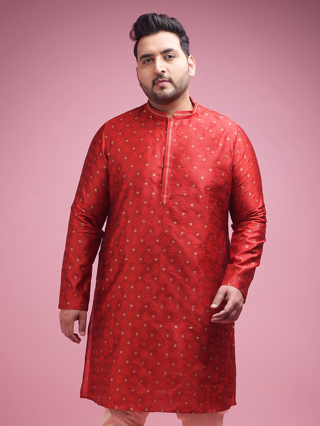 

Sztori Plus Size Ethnic Woven Design Jacquard Straight Kurta, Red