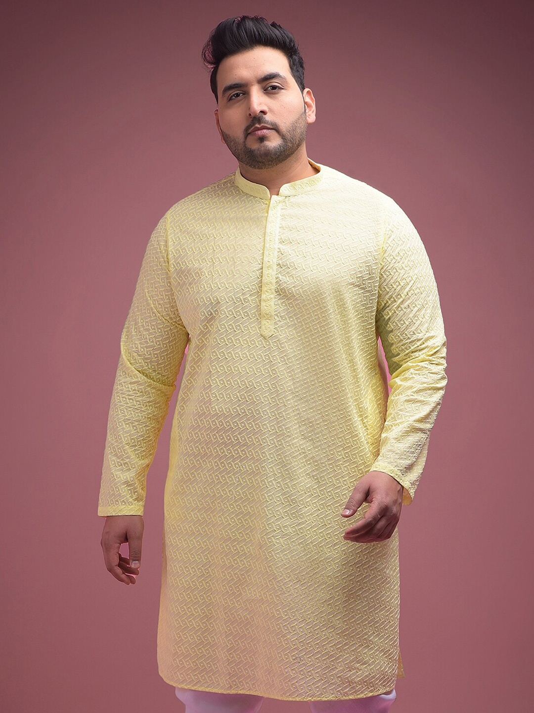 

Sztori Plus Size Geometric Embroidered Chikankari Mandarin Collar Cotton Straight Kurta, Yellow