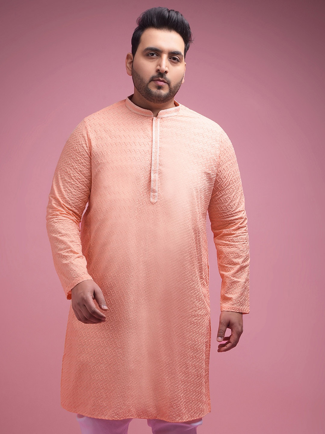 

Sztori Plus Size Chikankari Embroidered Pure Cotton Straight Kurta, Peach
