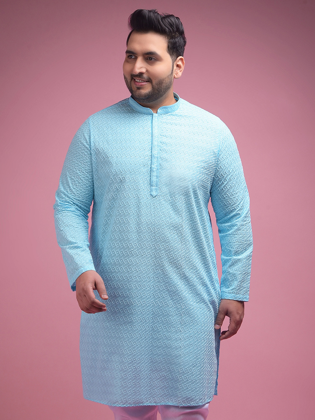 

Sztori Plus Size Chikankari Embroidered Pure Cotton Straight Kurta, Blue