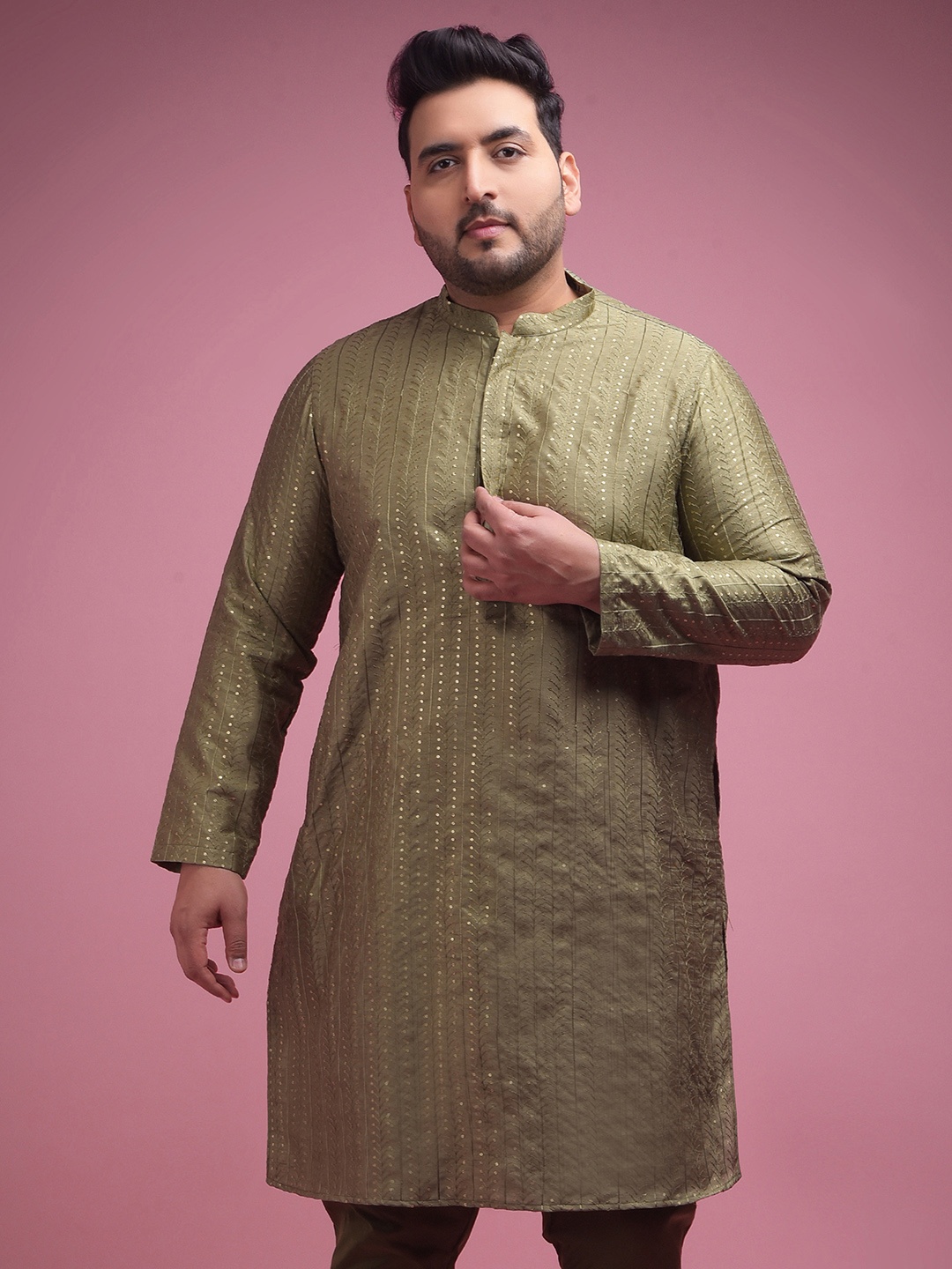 

Sztori Striped Embroidered Sequinned Straight Silk Kurta, Olive