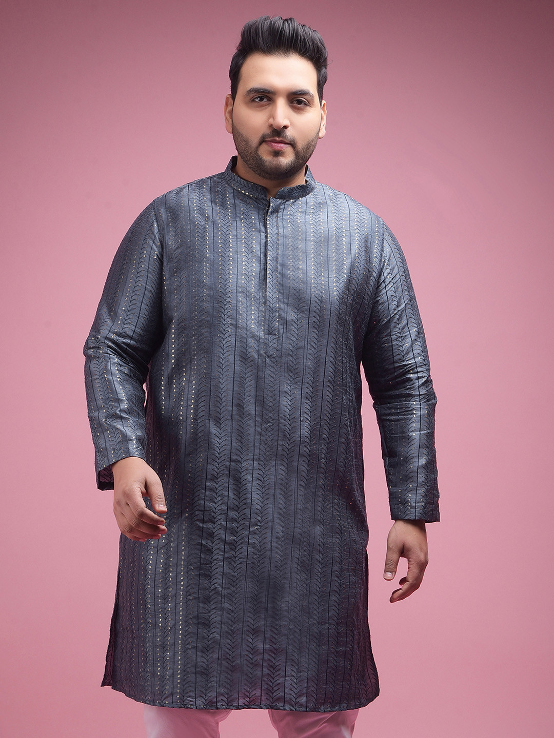 

Sztori Striped Embroidered Sequinned Straight Silk Kurta, Grey