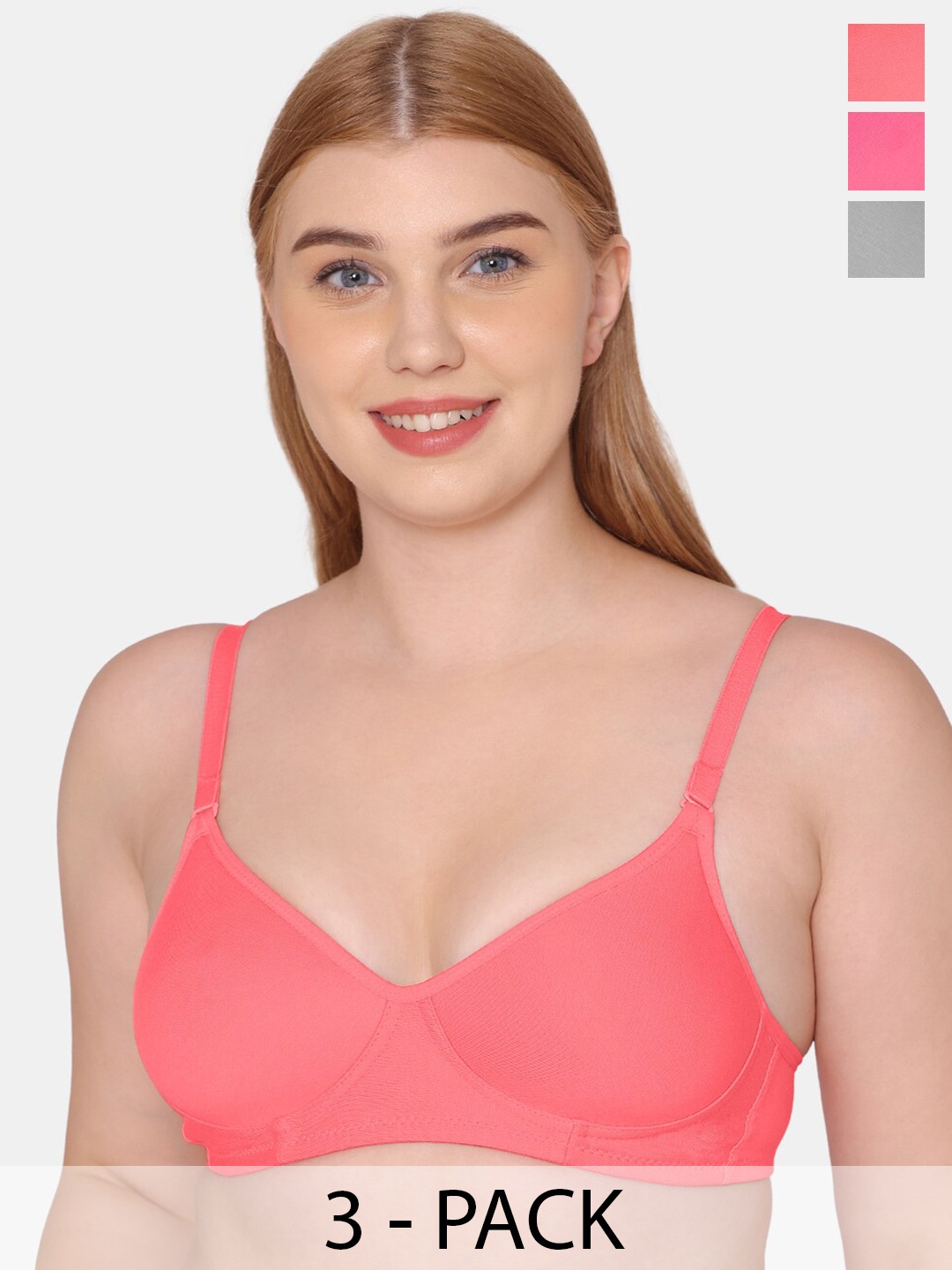 

KOMLI Pack Of 3 Full Coverage Lightly Padded Cotton T-shirt Bra With All Day Comfort, Coral