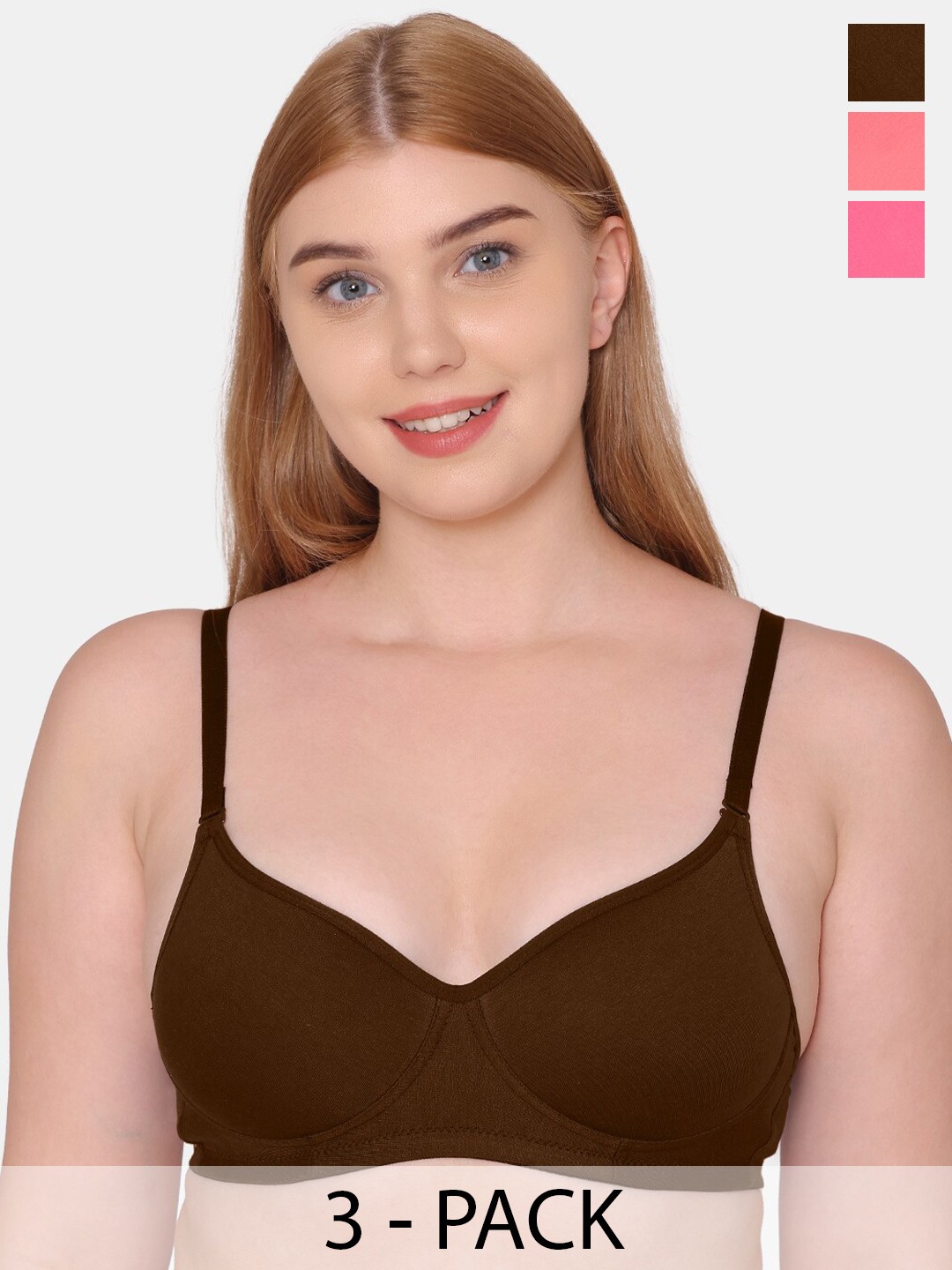 

KOMLI Pack Of 3 Full Coverage Lightly Padded Cotton T-shirt Bra With All Day Comfort, Brown