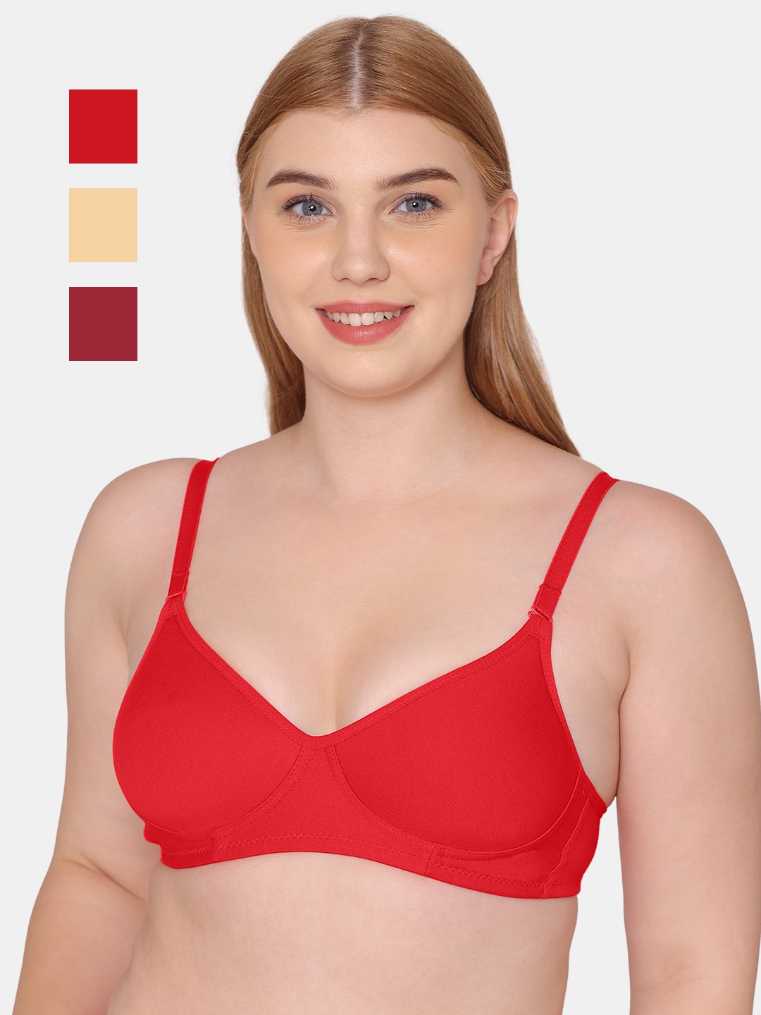 

KOMLI Pack Of 3 Full Coverage Lightly Padded Cotton T-shirt Bra With All Day Comfort, Red