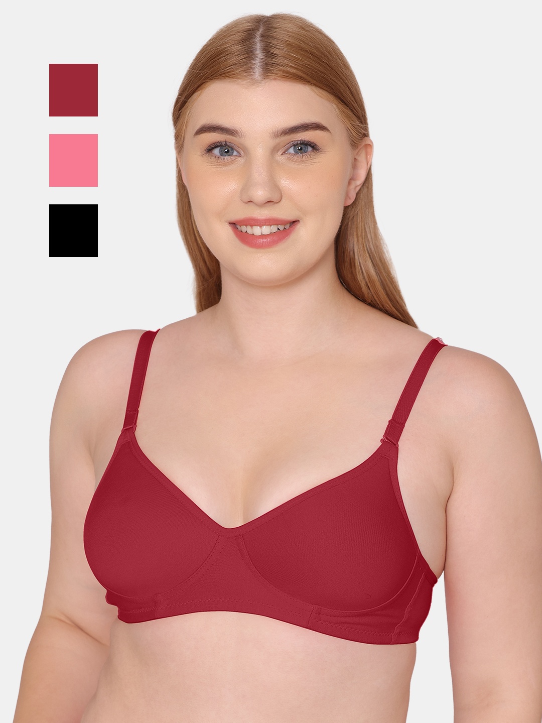 

KOMLI Pack of 3 Cotton Bra - Full Coverage Lightly Padded, Red