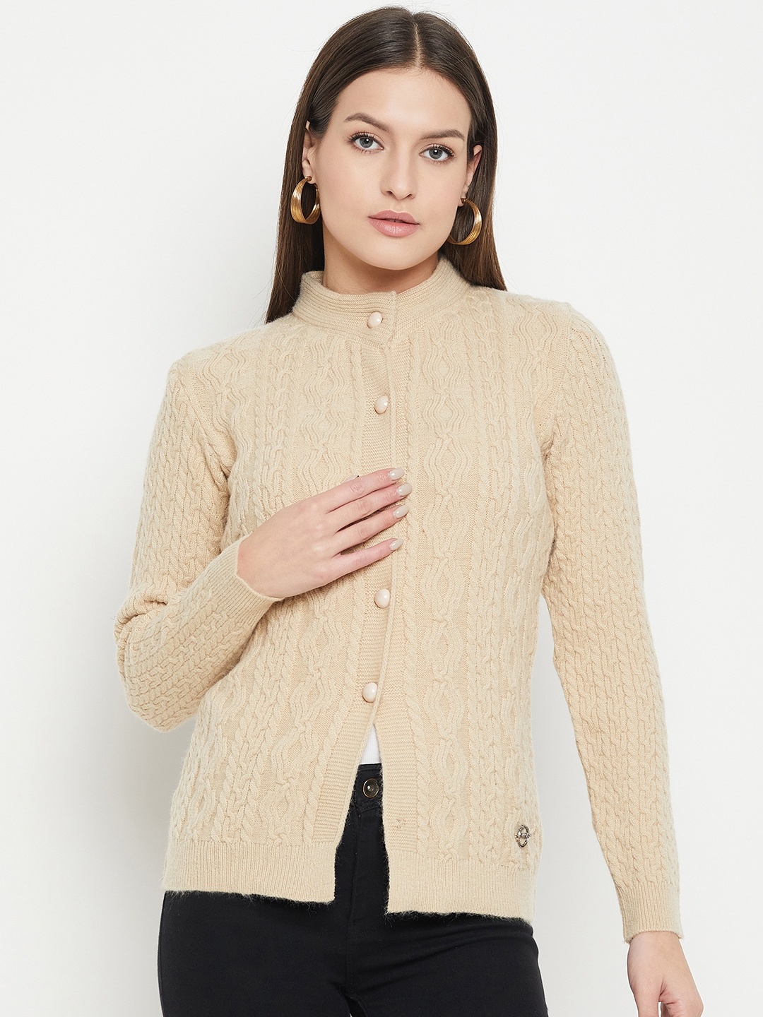 

Duke Self Designed Mock Collar Acrylic Cardigan, Beige
