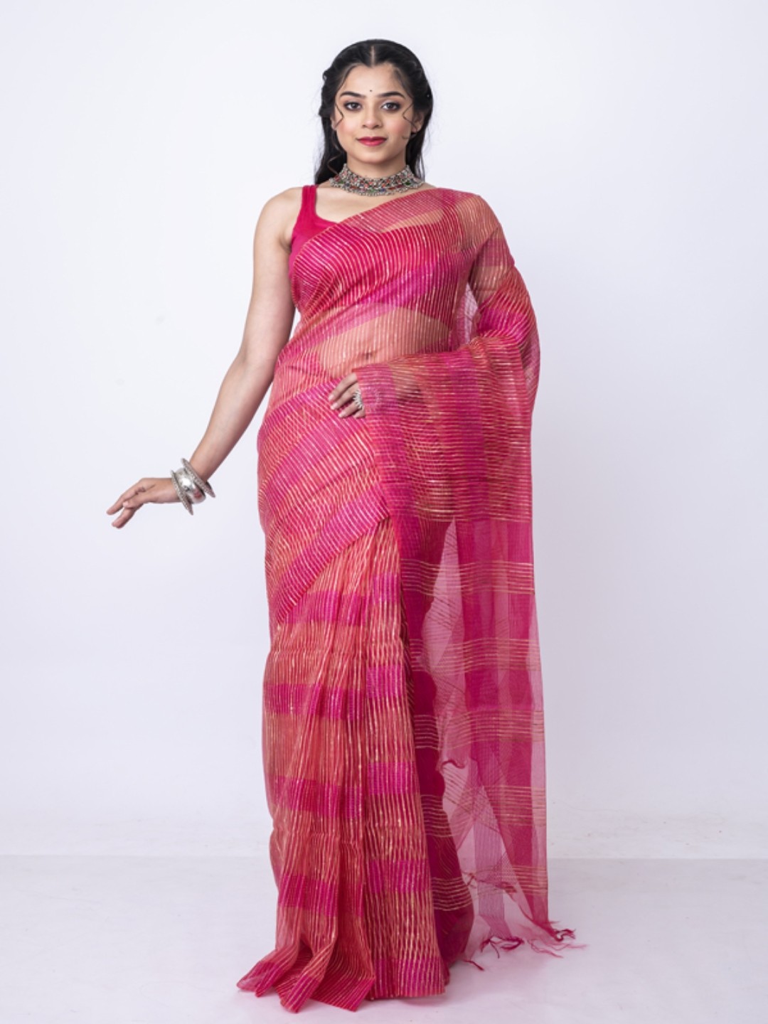 

Morchari Striped Zari Saree, Pink