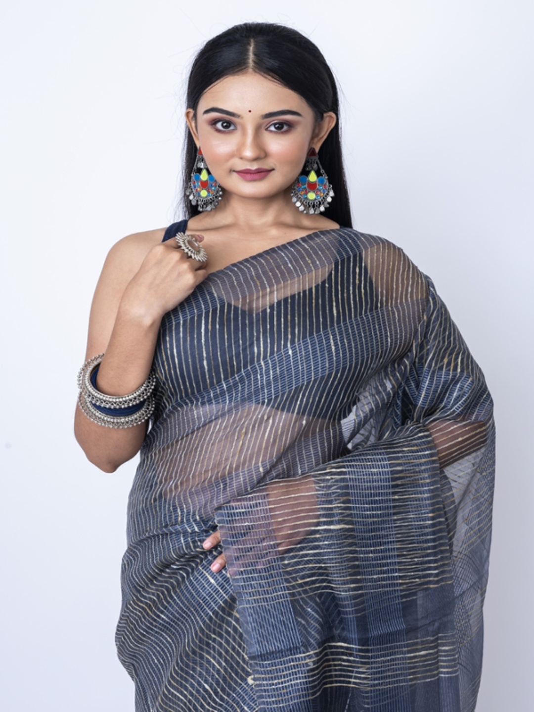 

Morchari Striped Organza Bhagalpuri Saree, Grey