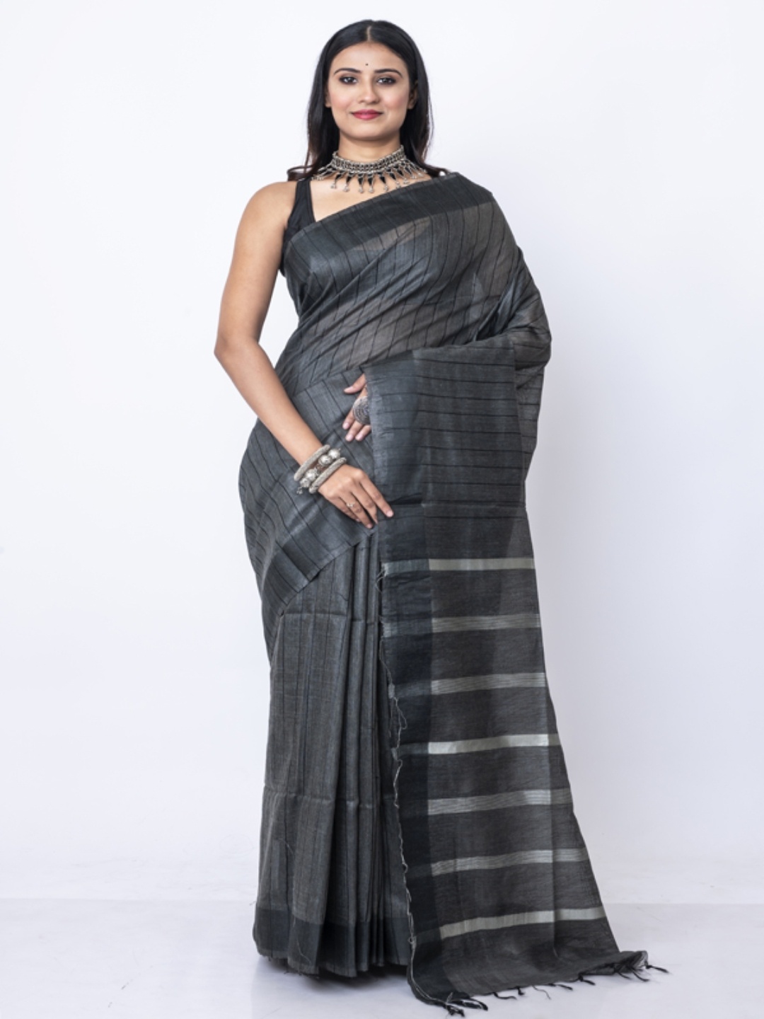 

Morchari Striped Bhagalpuri Saree, Black