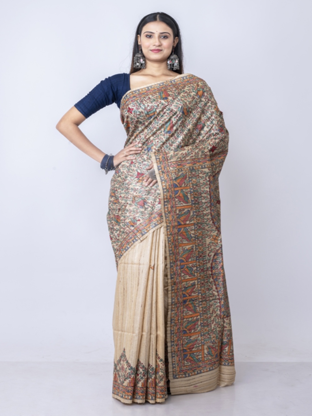 

Morchari Ethnic Motifs Printed Pure Silk Saree, Beige