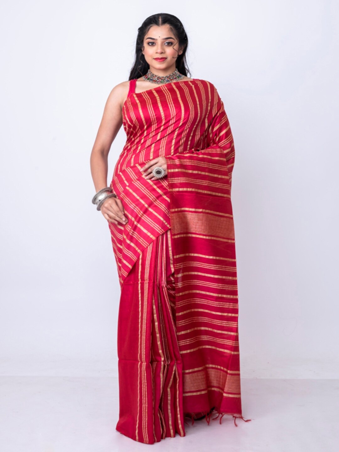 

Morchari Striped Zari Bhagalpuri Saree, Pink