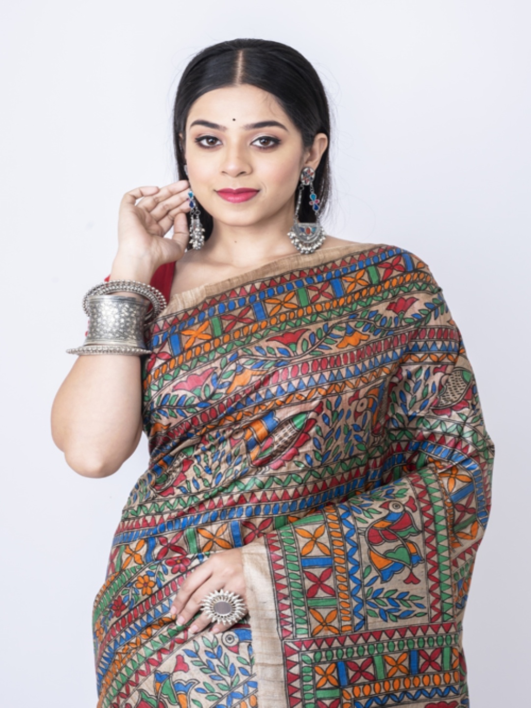 

Morchari Ethnic Motifs Printed Pure Silk Bhagalpuri Saree, Beige