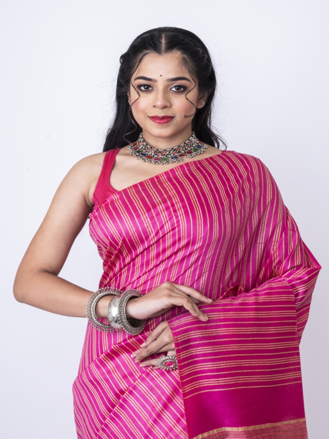 

Morchari Striped Bhagalpuri Saree, Pink