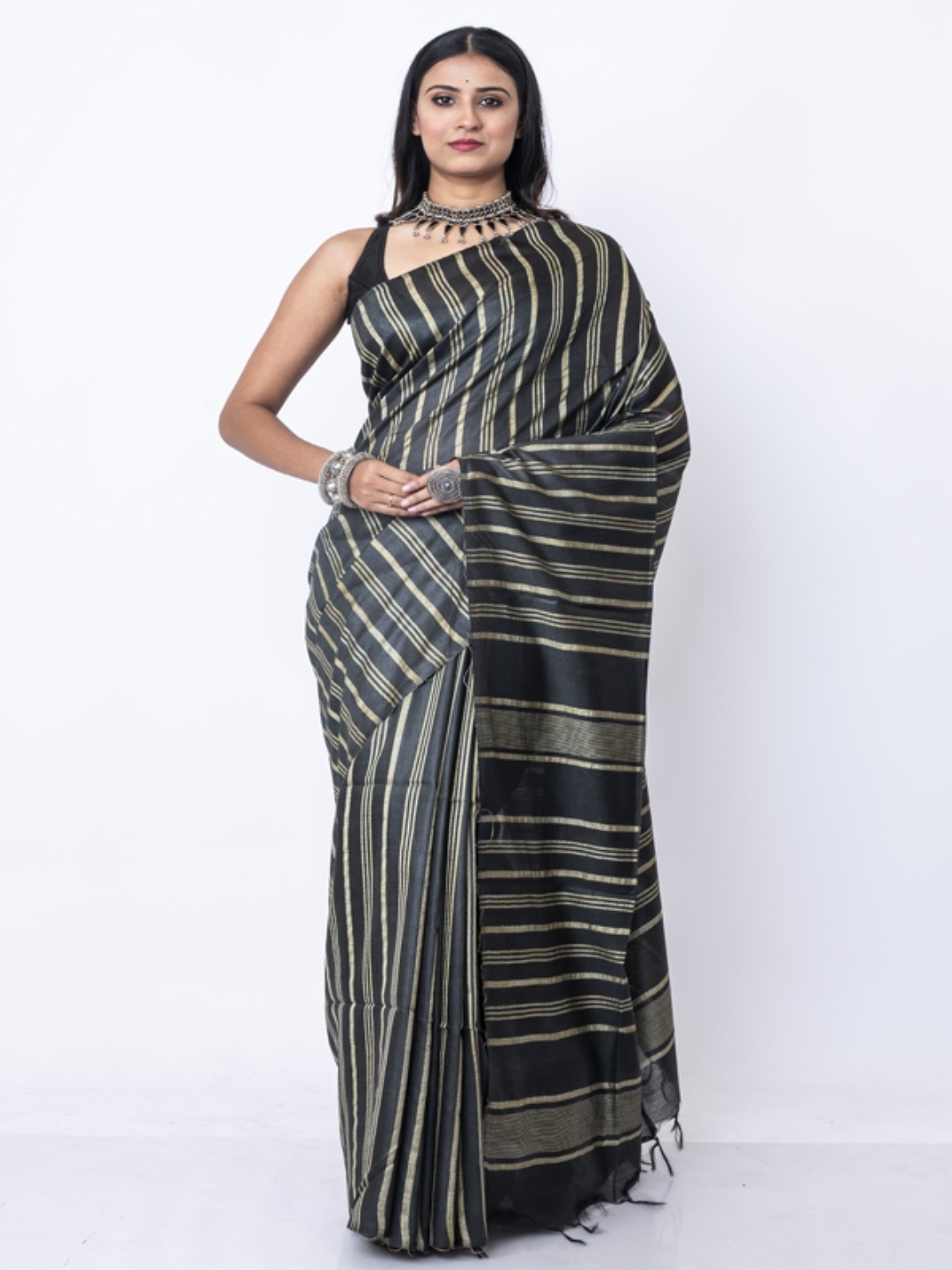 

Morchari Striped Woven Design Zari Bhagalpuri Saree, Black