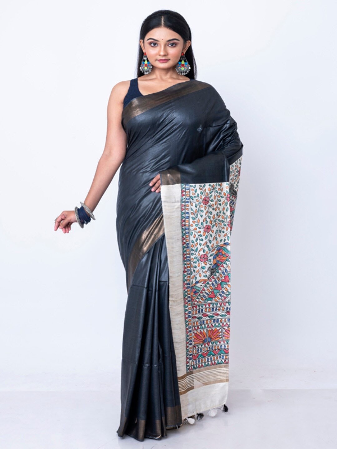 

Morchari Ethnic Motifs Printed Zari Saree, Black