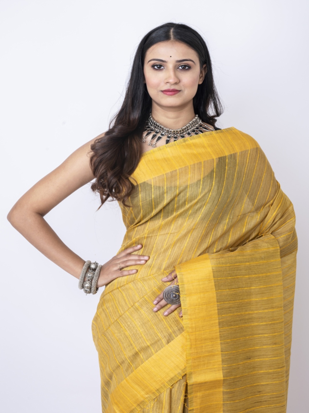 

Morchari Striped Zari Bhagalpuri Saree, Yellow