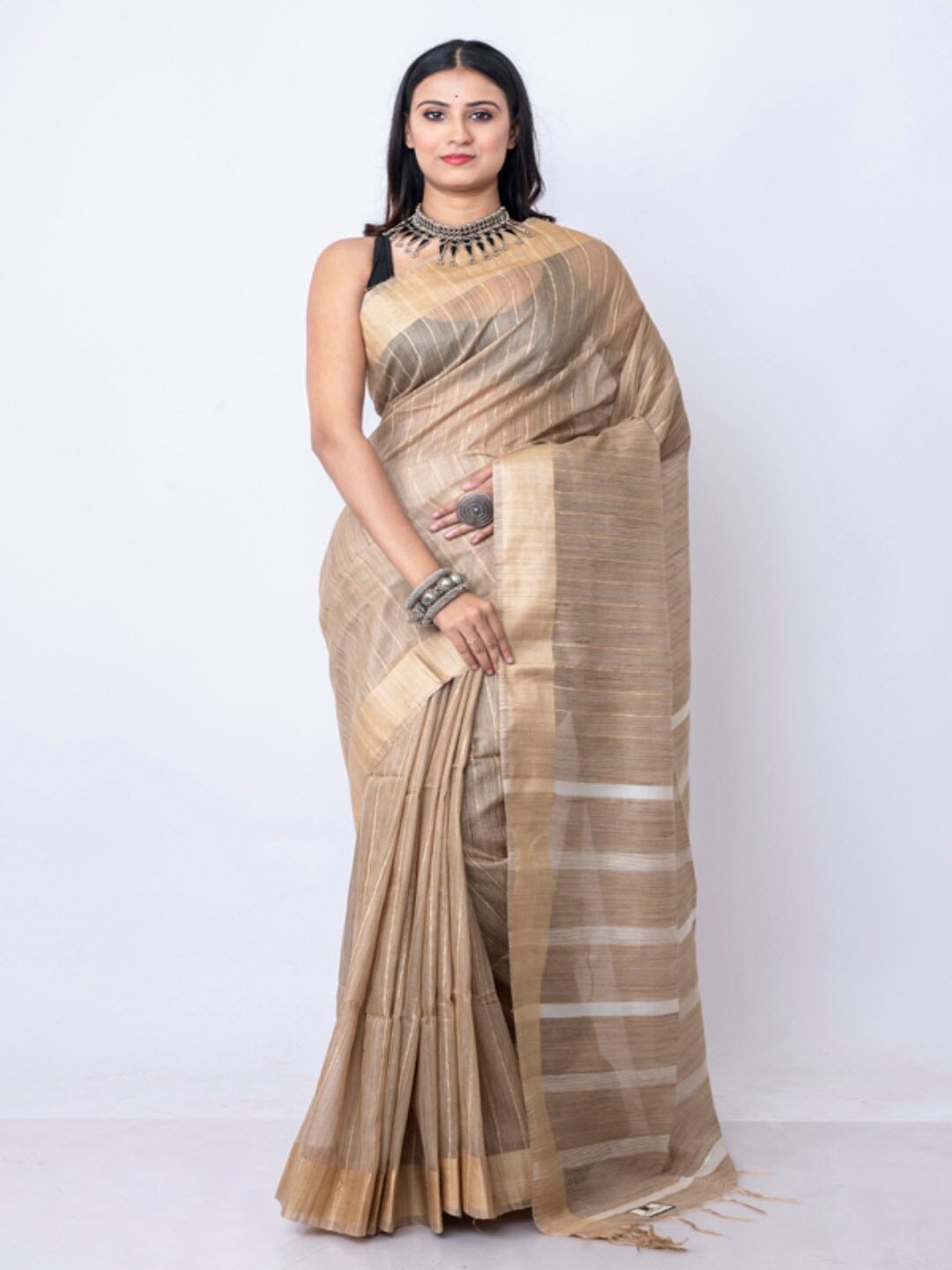 

Morchari Striped Zari Bhagalpuri Saree, Beige