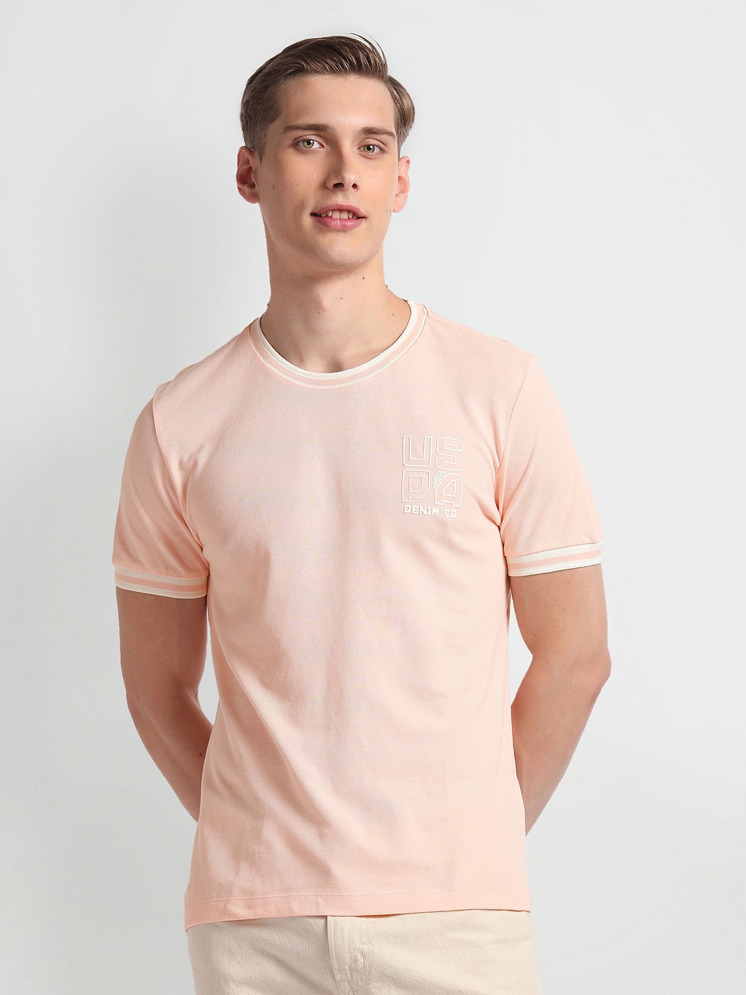 

U.S. Polo Assn. Denim Co. Brand Logo Printed Pure Cotton Slim Fit T-shirt, Peach