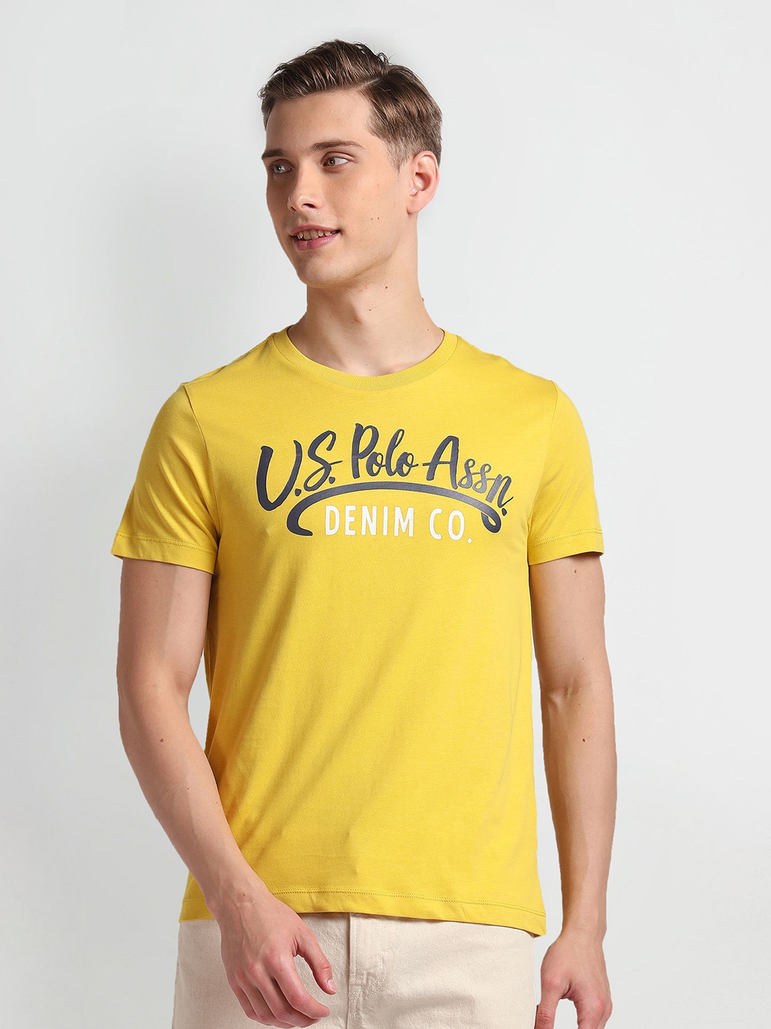 

U.S. Polo Assn. Denim Co. Brand Logo Printed Pure Cotton Slim Fit T-shirt, Yellow
