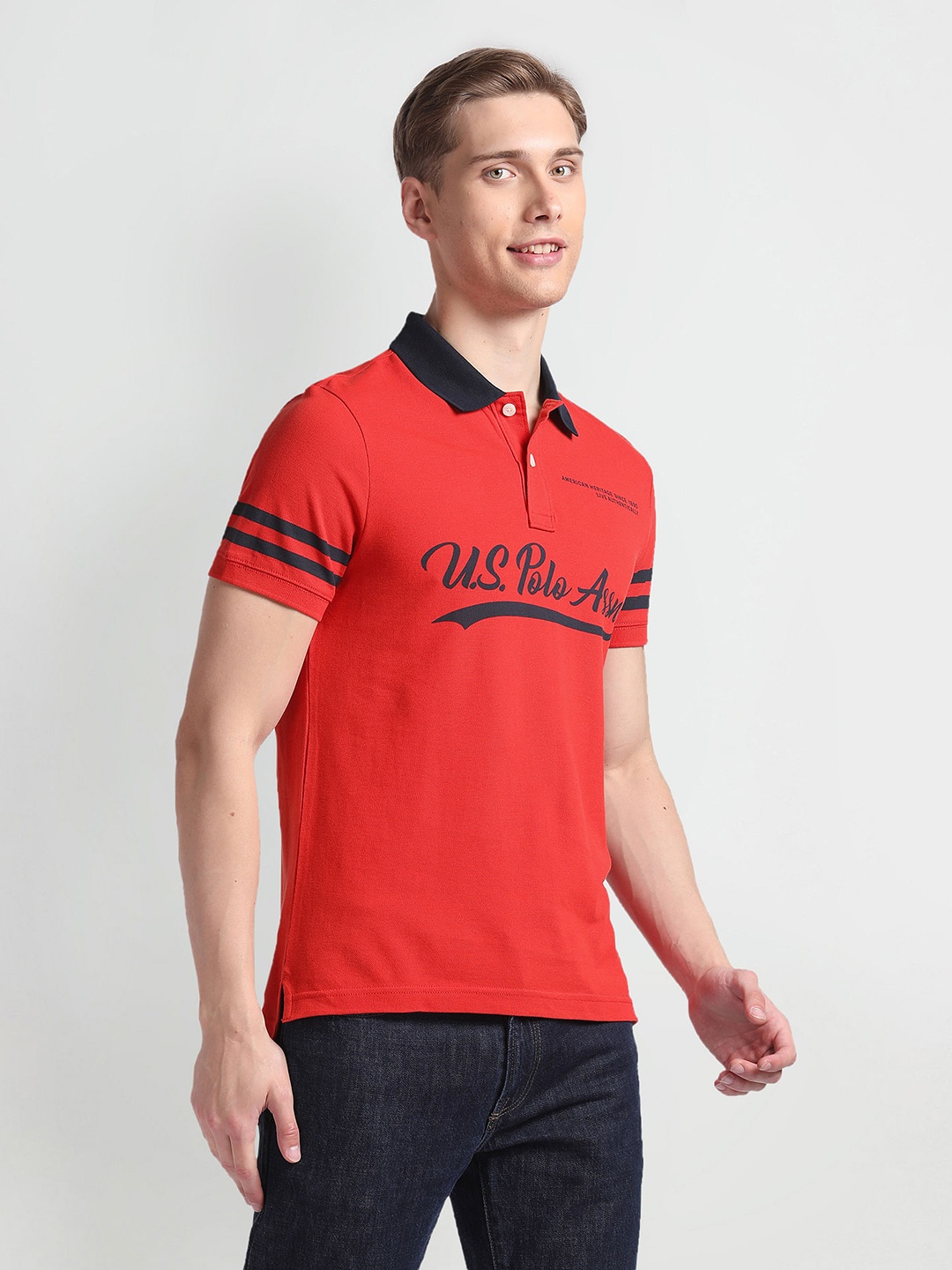 

U.S. Polo Assn. Denim Co. Brand Logo Printed Polo Collar Slim Fit Pure Cotton T-shirt, Red