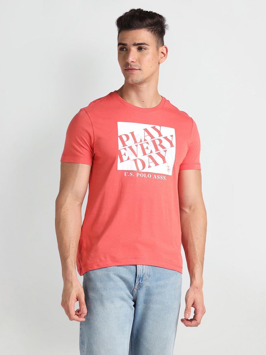 

U.S. Polo Assn. Denim Co. Typography Printed Pure Cotton Slim Fit T-shirt, Coral