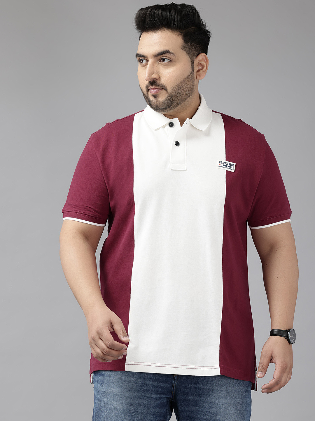 

U.S. Polo Assn. Denim Co. Colourblocked Polo Collar Pure Cotton Slim Fit T-shirt, Maroon