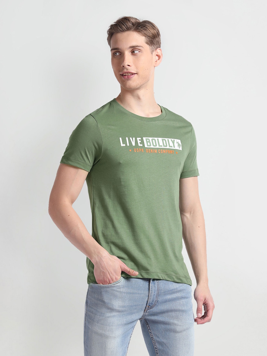 

U.S. Polo Assn. Denim Co. Typography Printed Pure Cotton Slim Fit T-shirt, Green