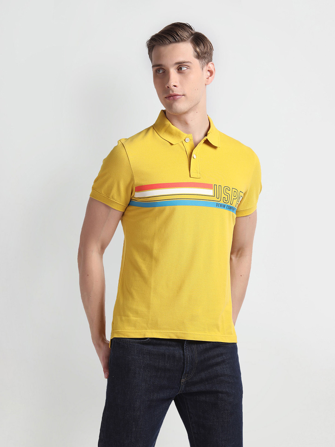 

U.S. Polo Assn. Denim Co. Brand Logo Printed Polo Collar Pure Cotton Slim Fit T-shirt, Yellow