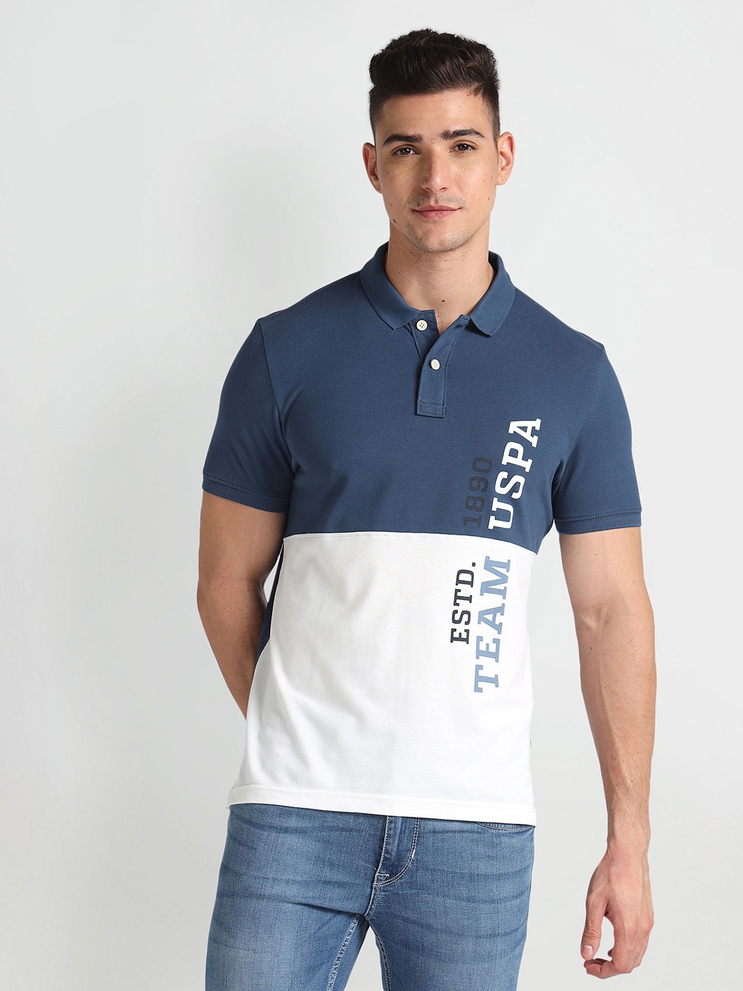 

U.S. Polo Assn. Denim Co. Printed Colourblocked Polo Pure Cotton Slim Fit T-shirt, Blue