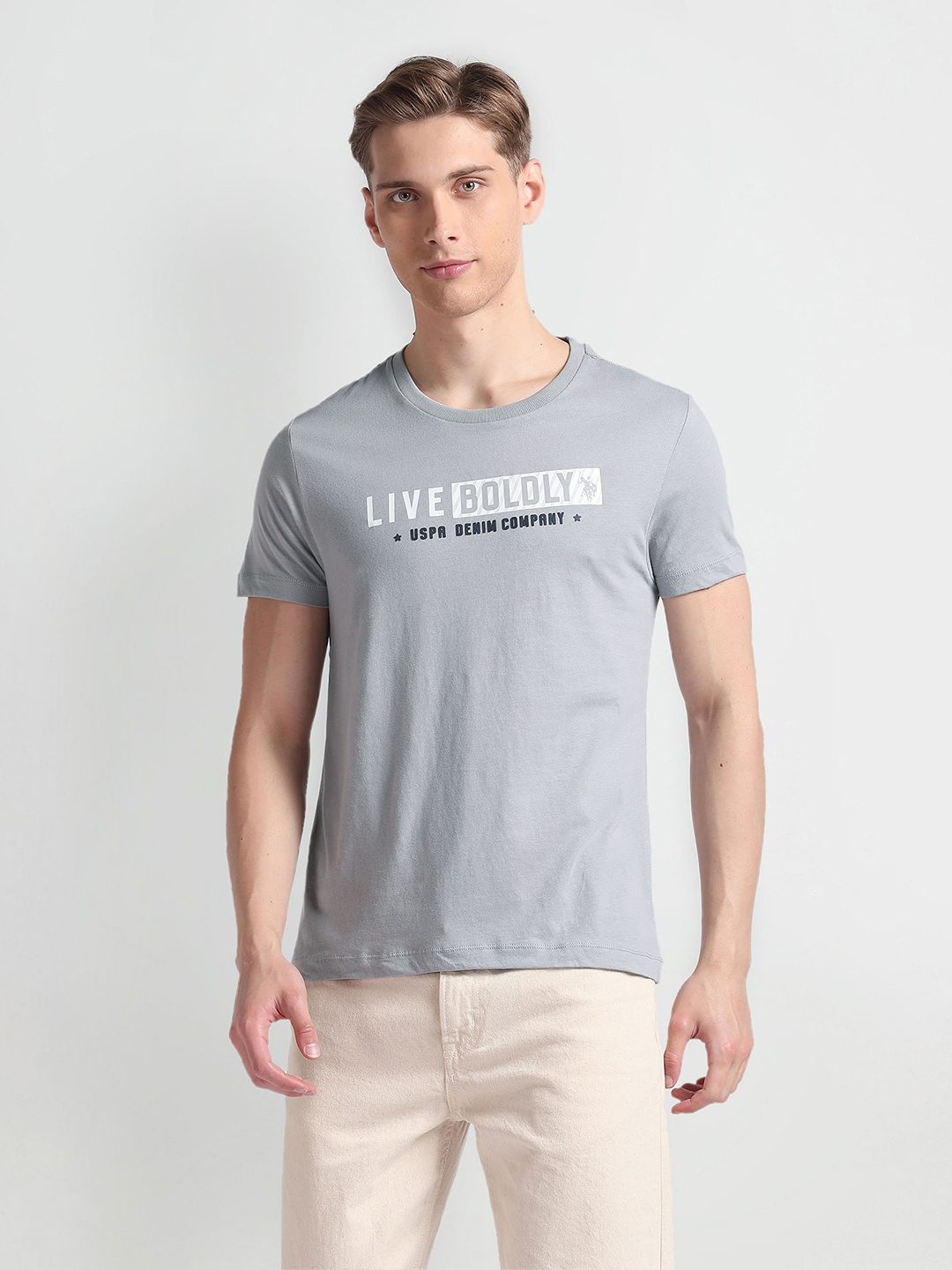 

U.S. Polo Assn. Denim Co. Typography Printed Pure Cotton Slim Fit T-shirt, Grey