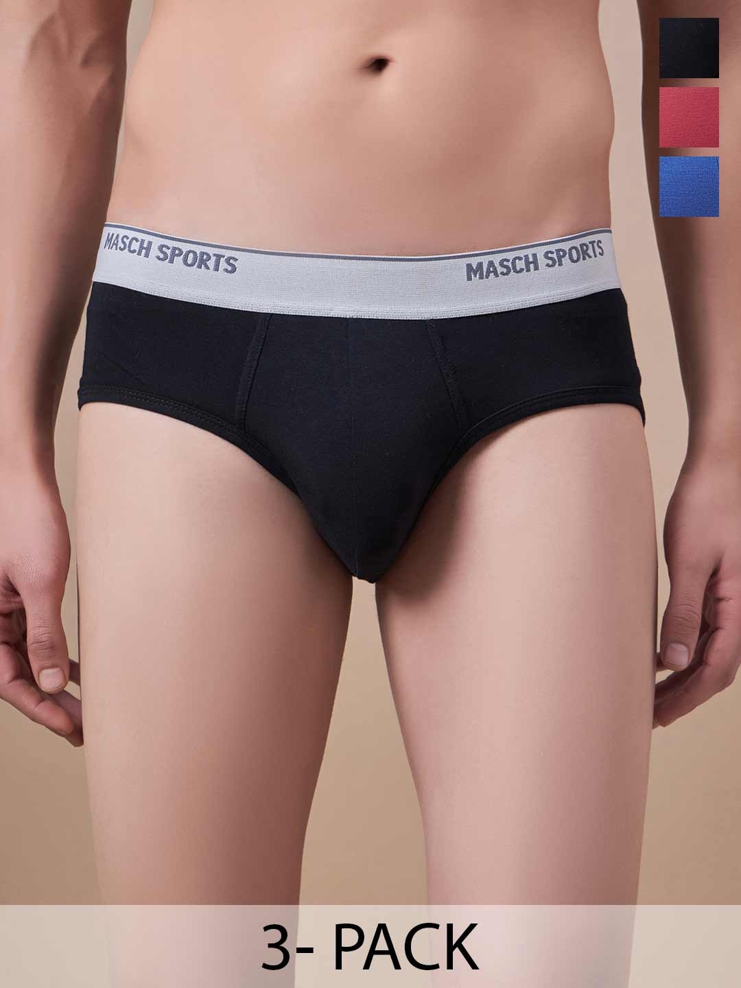 

Masch Sports Pack Of 3 Low-Rise Anti-Microbial Basic Briefs BRF-3-SOL-ET-BLK-RED-BLU, Black