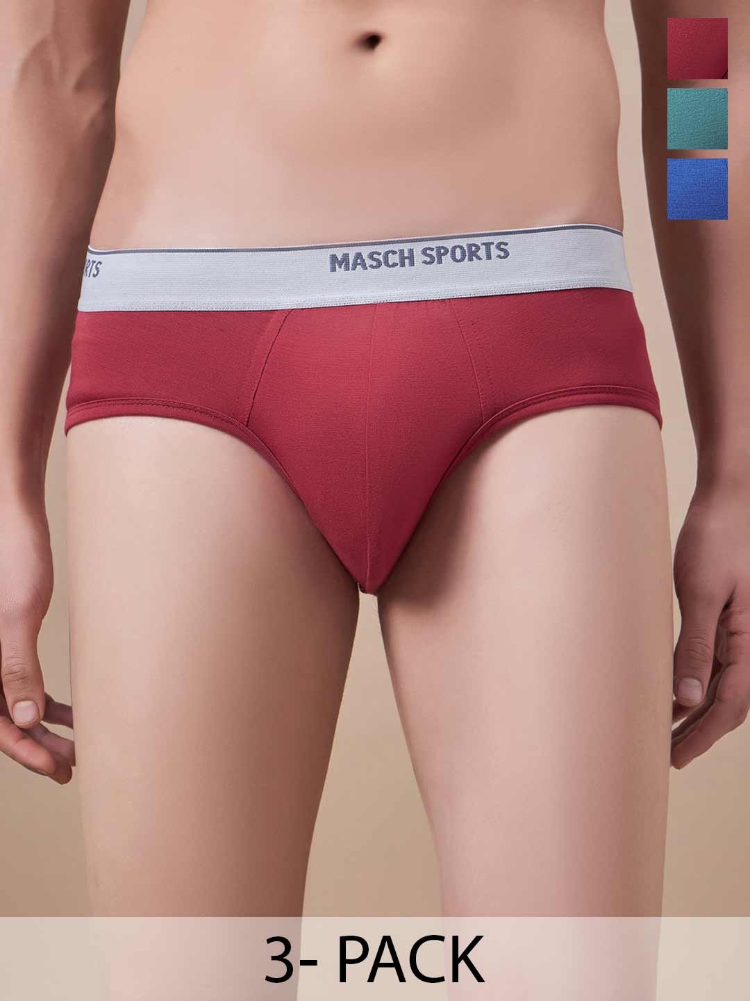 

Masch Sports Pack Of 3 Low Rise Anti Microbial Basic Briefs BRF-3-SOL-ET-RED-BLU-GRN