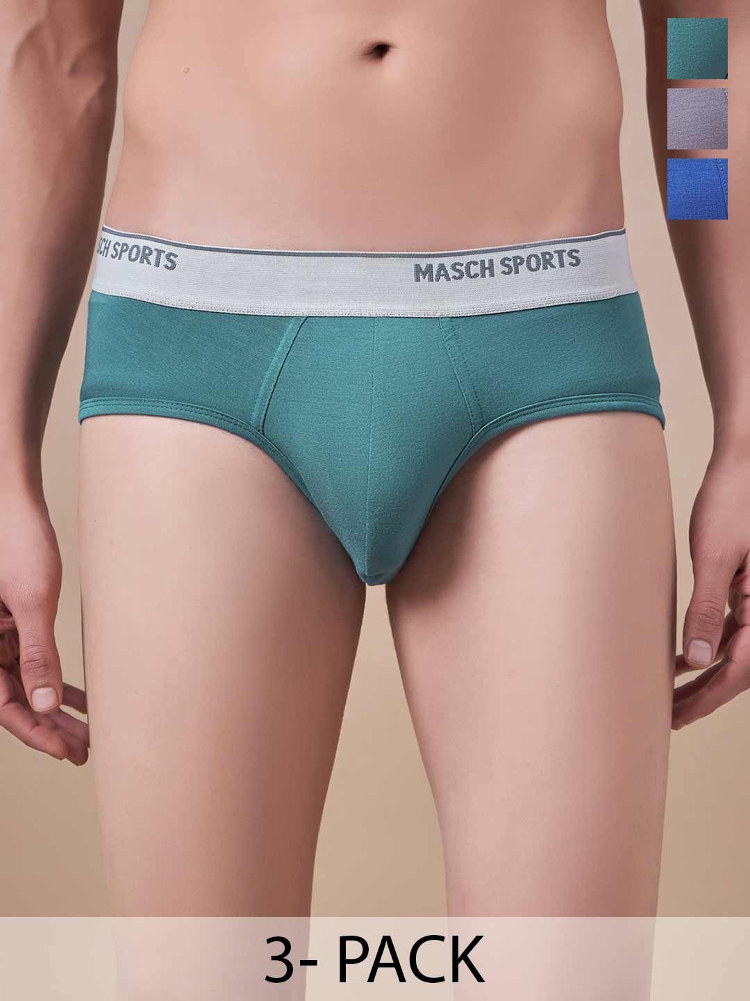 

Masch Sports Pack Of 3 Low-Rise Anti-Microbial Basic Briefs BRF-3-SOL-ET-BLU-GRN-GRY, Blue