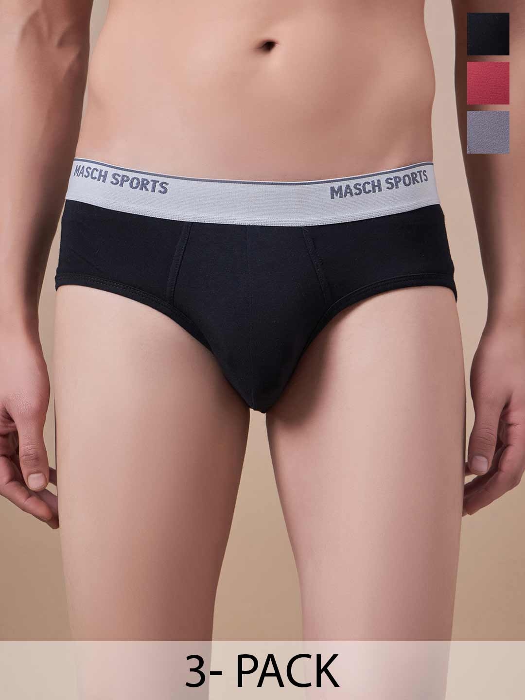 

Masch Sports Pack Of 3 Low-Rise Anti-Microbial Basic Briefs BRF-3-SOL-ET-BLK-RED-GRY, Black