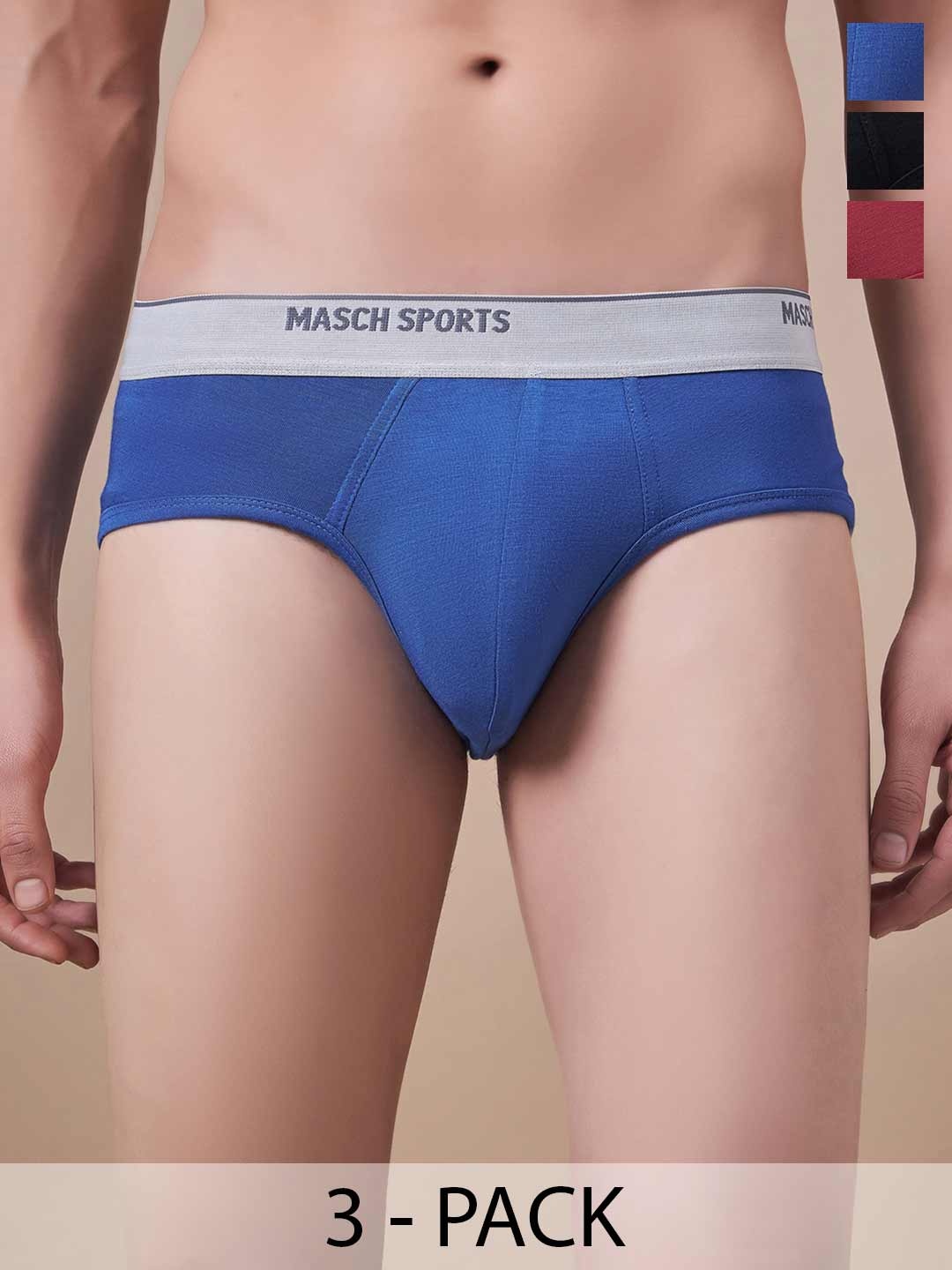 

Masch Sports Pack Of 3 Low-Rise Anti-Microbial Basic Briefs BRF-3-SOL-EI-RED-ET-BLK-BLU