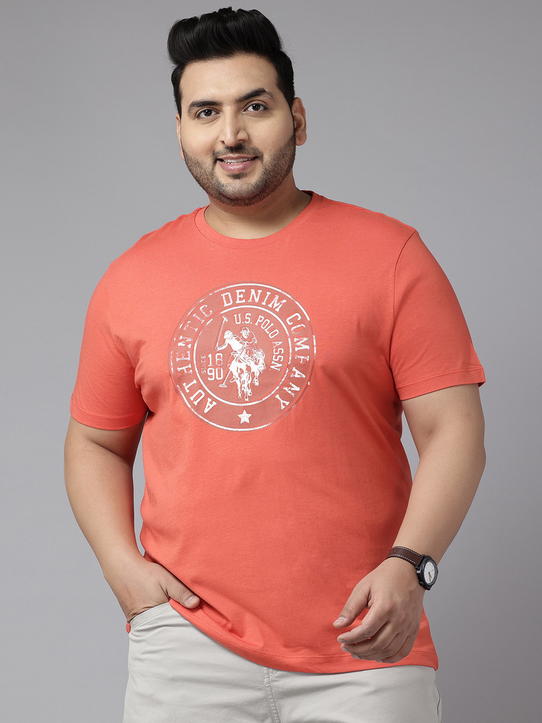 

U.S. Polo Assn. Denim Co. Plus Size Typography Printed Pure Cotton Slim Fit T-shirt, Orange