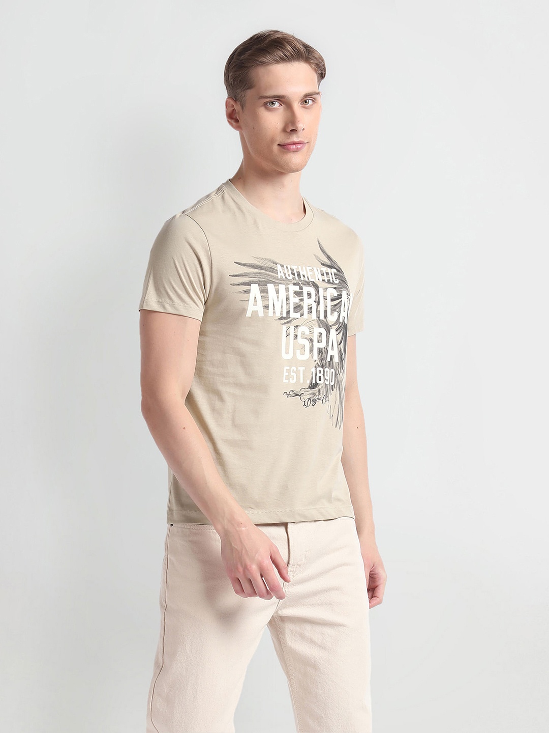 

U.S. Polo Assn. Denim Co. Brand Logo Printed Pure Cotton Slim Fit T-shirt, Beige