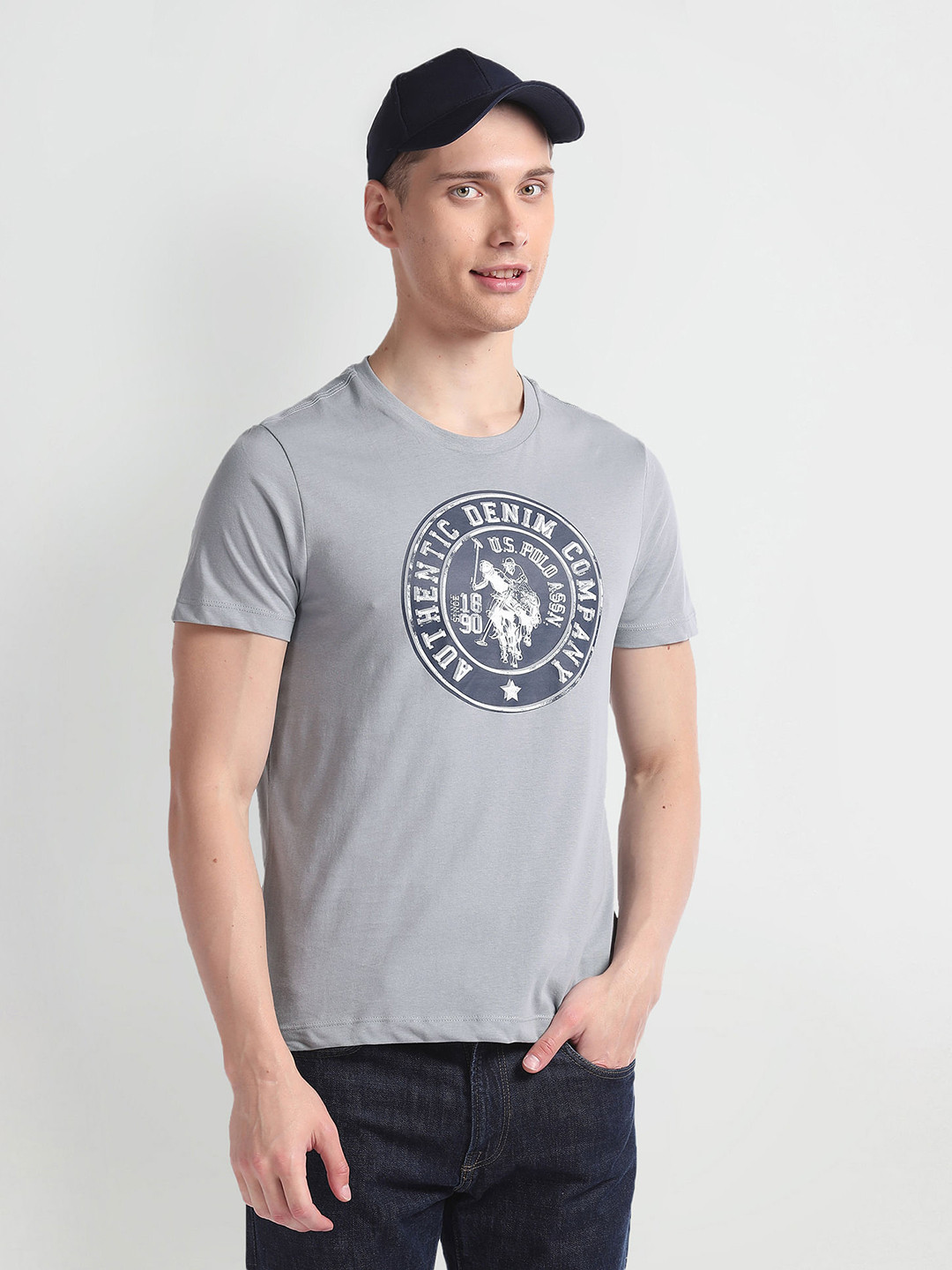 

U.S. Polo Assn. Denim Co. Brand Logo Printed Pure Cotton Slim Fit T-shirt, Grey