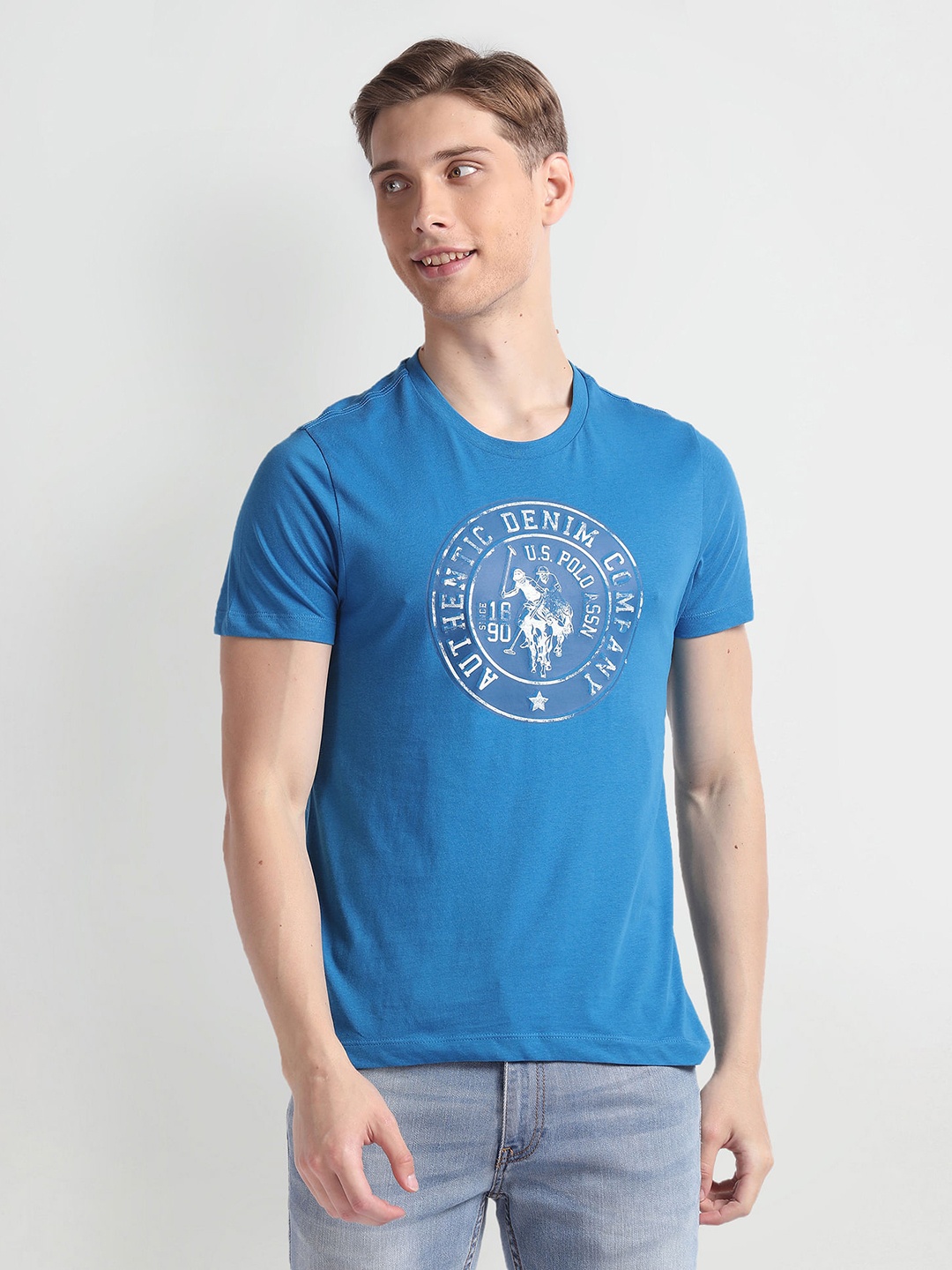 

U.S. Polo Assn. Denim Co. Brand Logo Printed Pure Cotton Slim Fit T-shirt, Blue