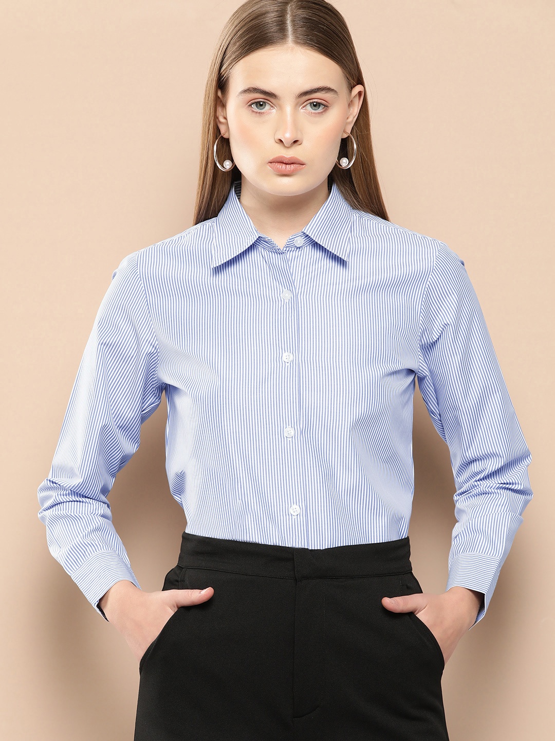 

Chemistry Women Standard Pinstriped Cotton Formal Shirt, Blue