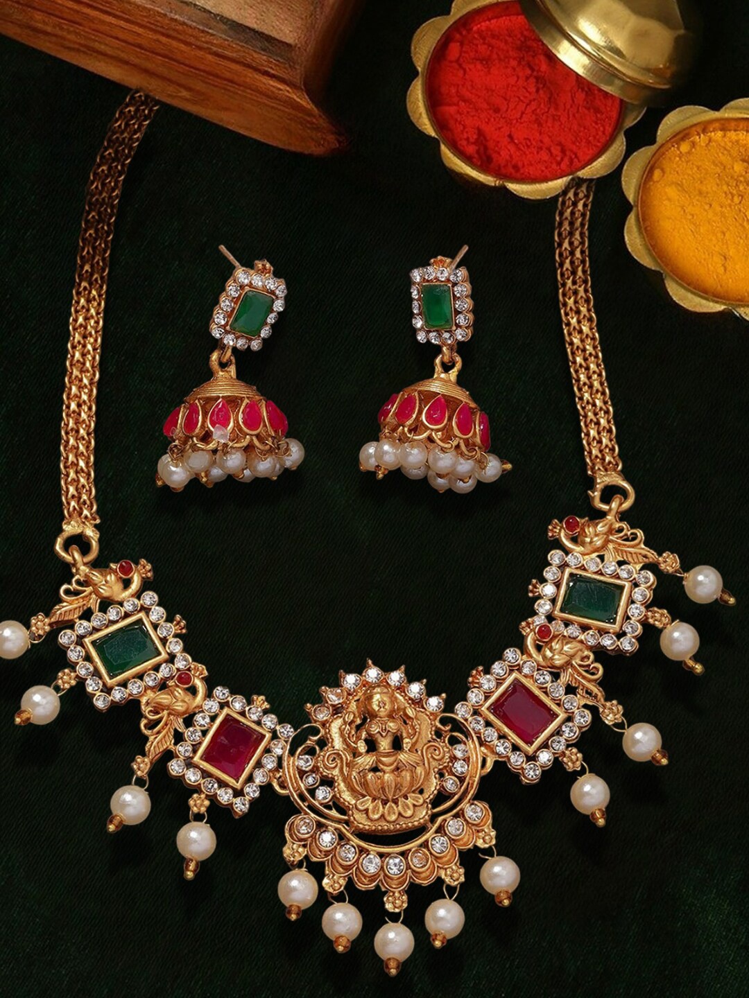 

OOMPH kundan Studded & Pearls Beaded Temple Jewellery Set, Gold