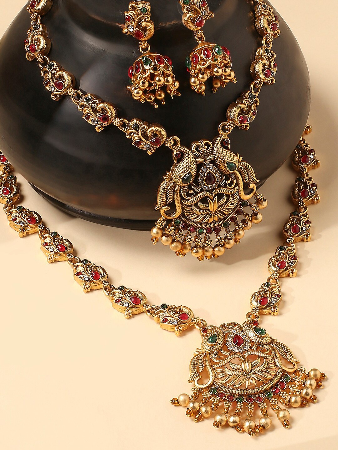 

OOMPH Set Of 2 Stone-Studded Beads Beaded Peacock Shaped Necklace With Earrings, Gold