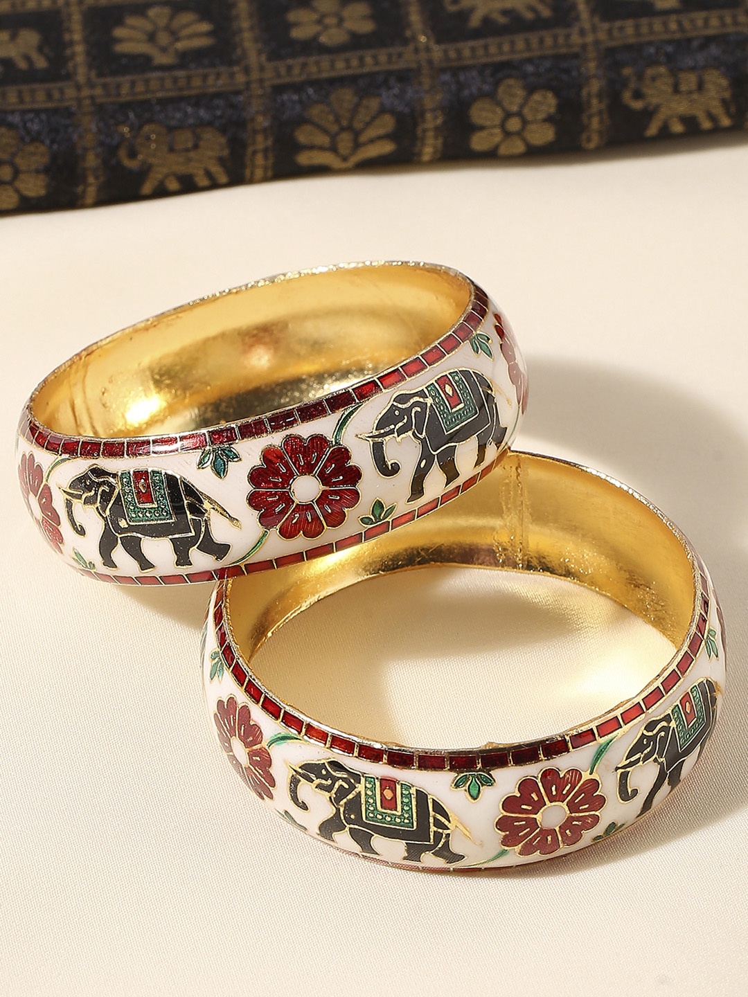 

OOMPH Set Of 2 Meenakari Elephant Design Bangles, Gold