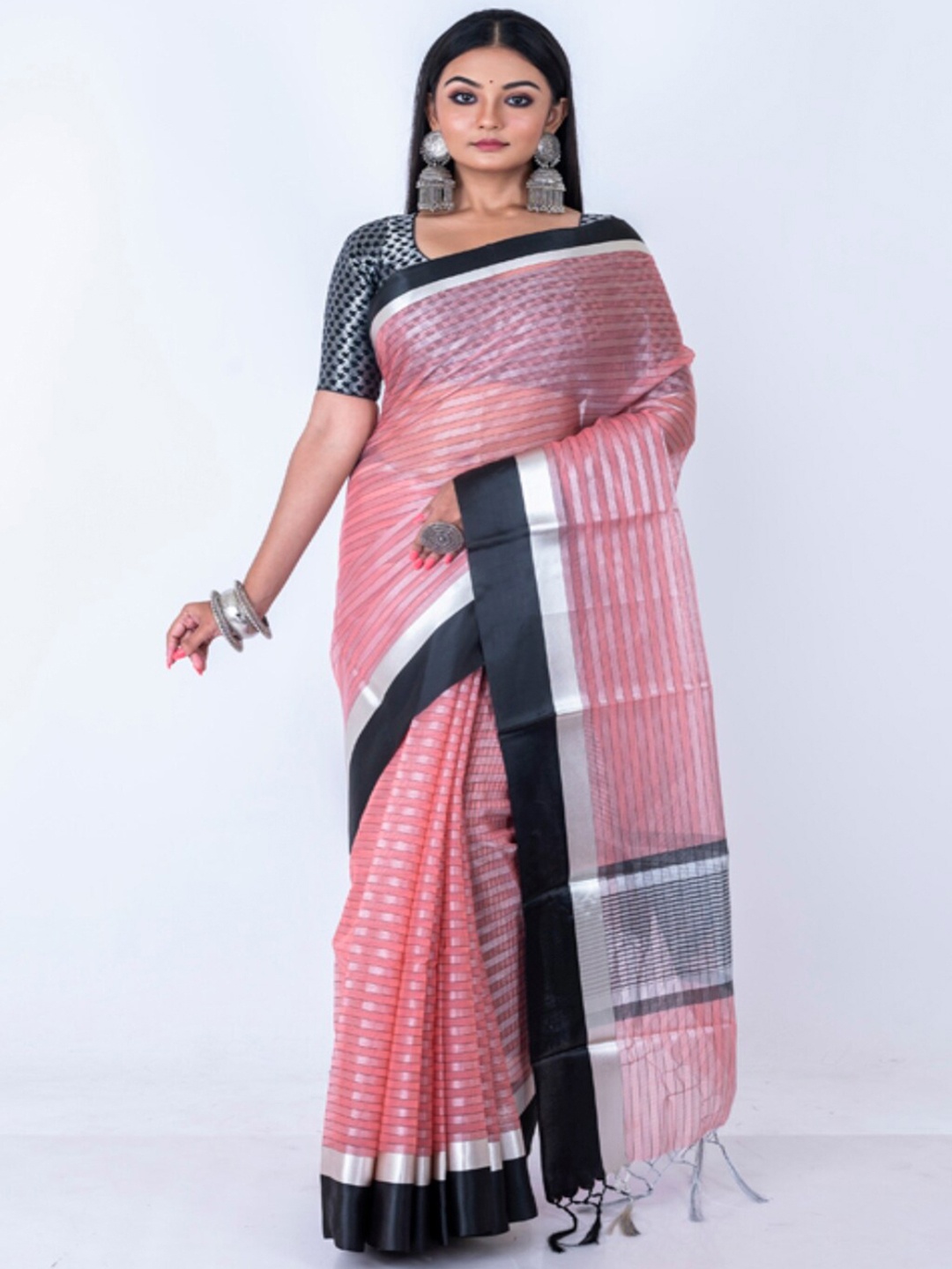 

Morchari Striped Zari Banarasi Saree with Tassels, Pink