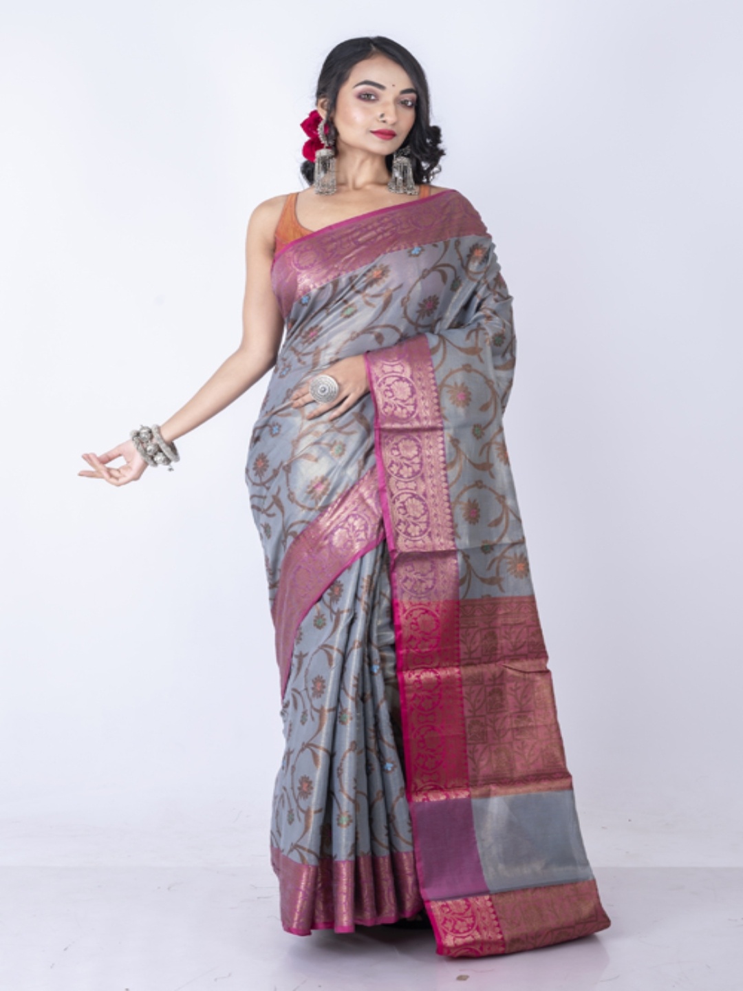 

Morchari Floral Woven Design Zari Banarasi Saree, Grey