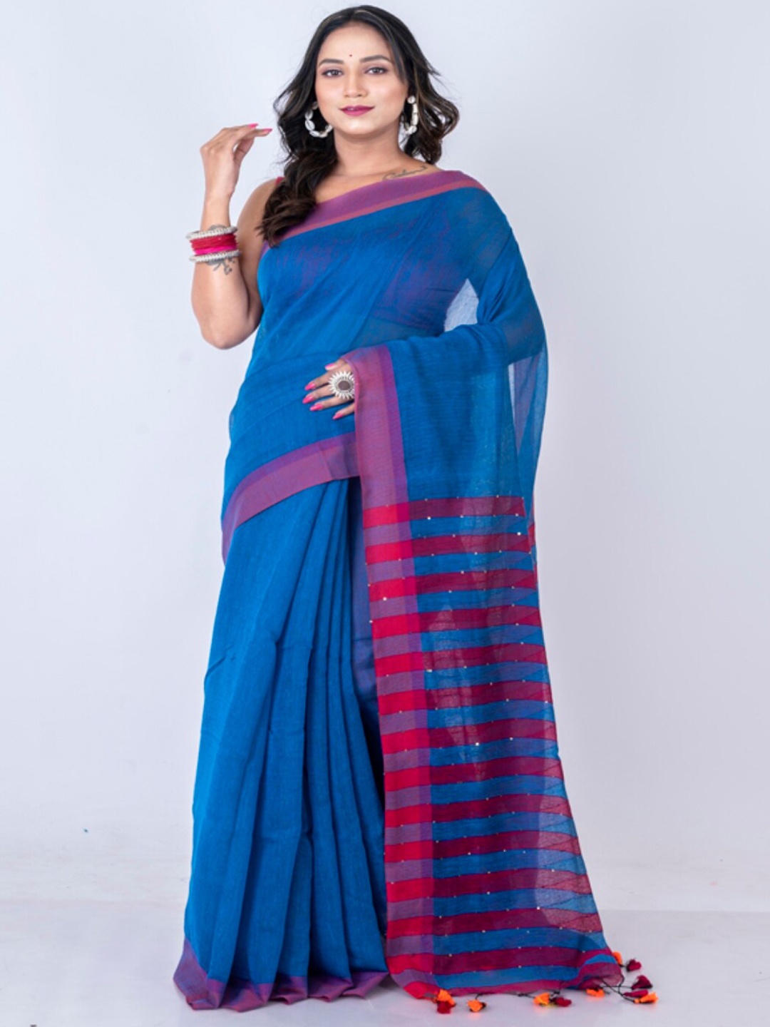 

Morchari Striped Saree with Tassels, Blue