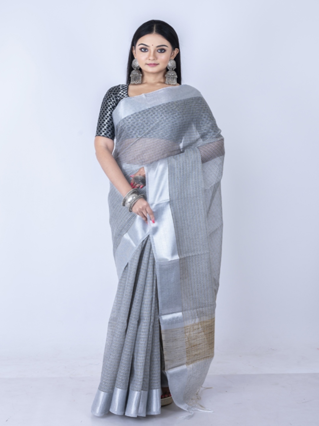 

Morchari Striped Woven Design Zari Silk Cotton Banarasi Saree, Grey