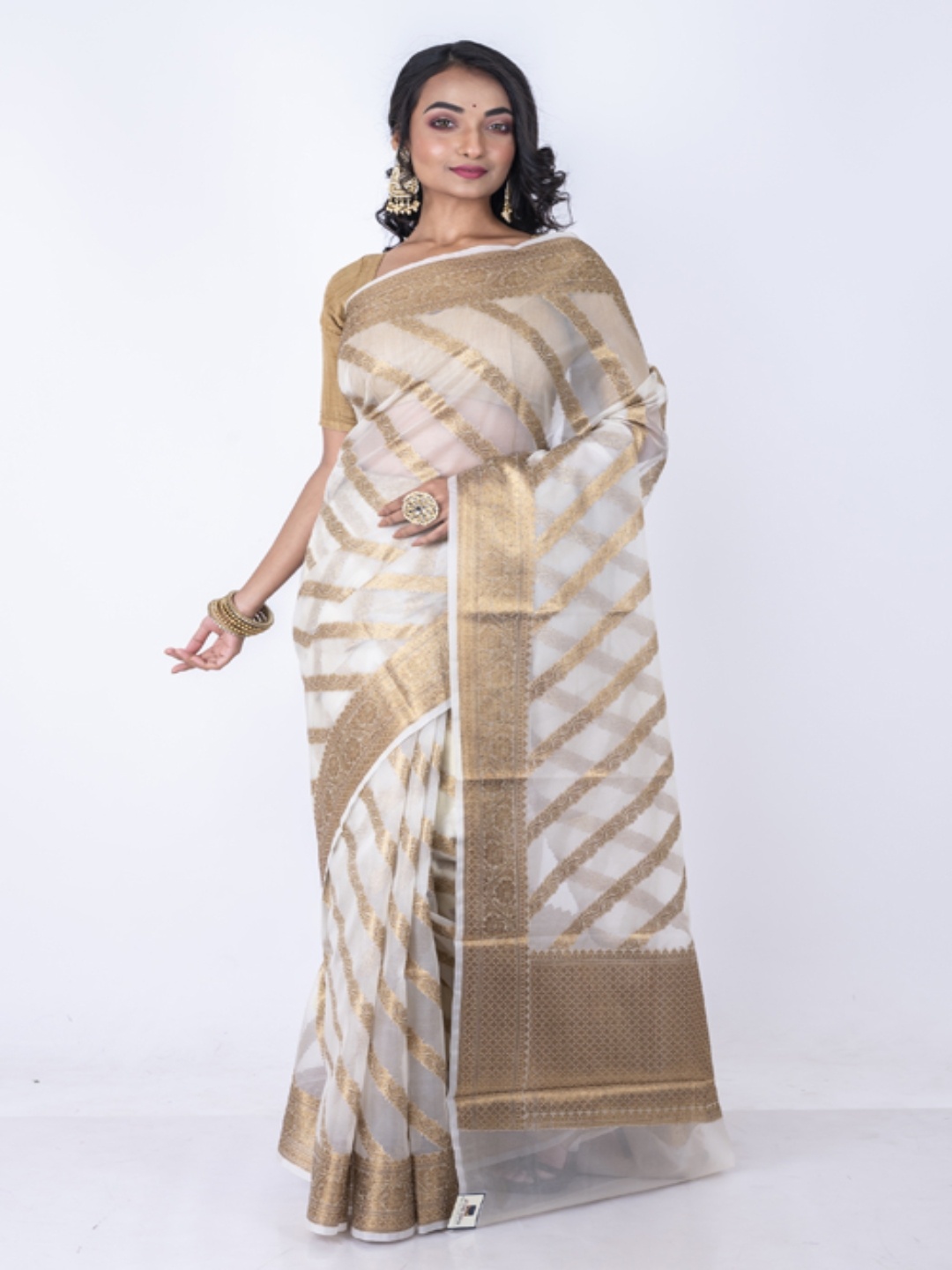 

Morchari Striped Woven Design Zari Organza Banarasi Saree, White