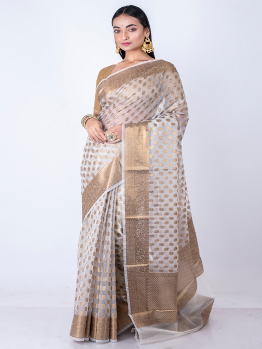 

Morchari Woven Design Zari Organza Banarasi Saree, White